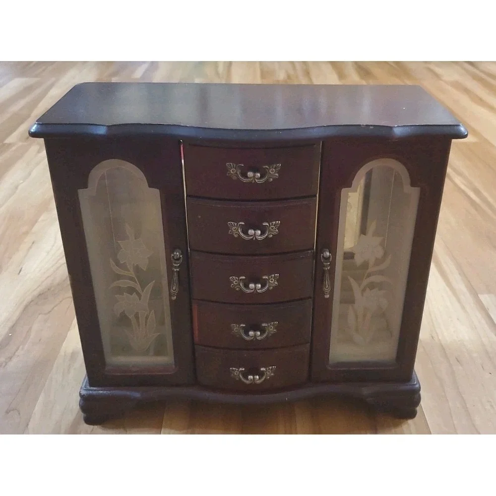 Vintage Wooden Armoire Style Jewelry Box Multiple Drawers FLAWED